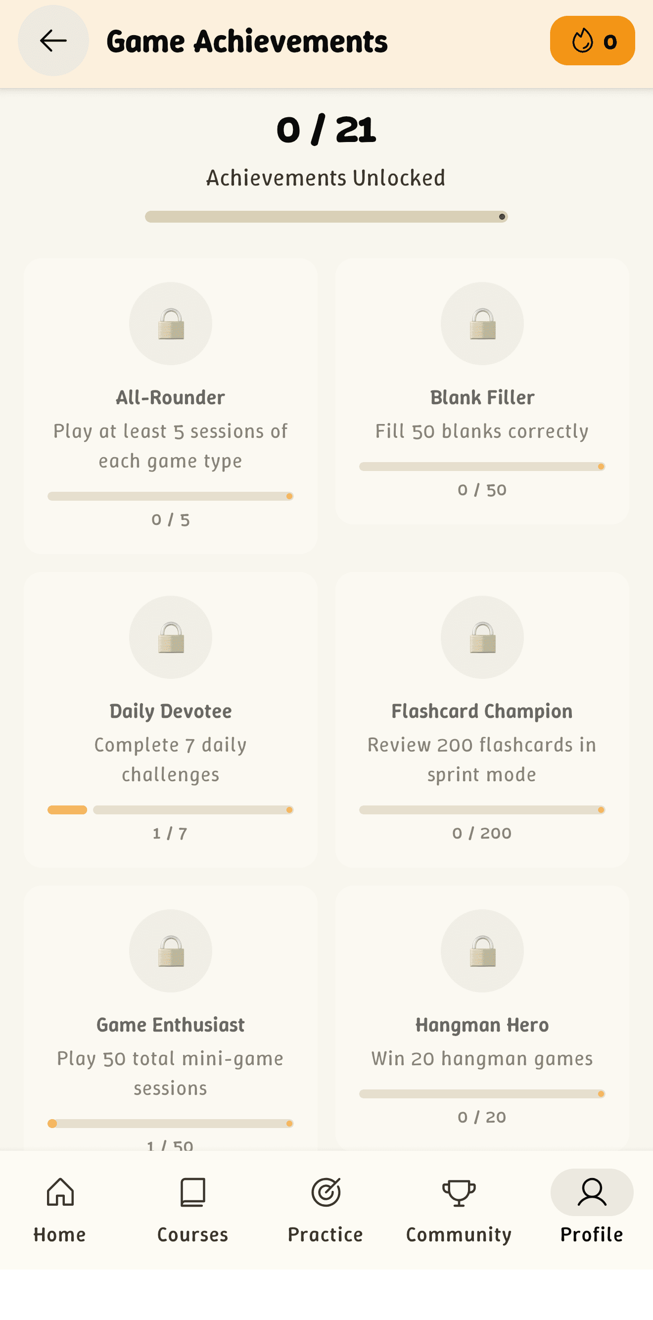 Game achievements page tracking progress across mini-game challenges