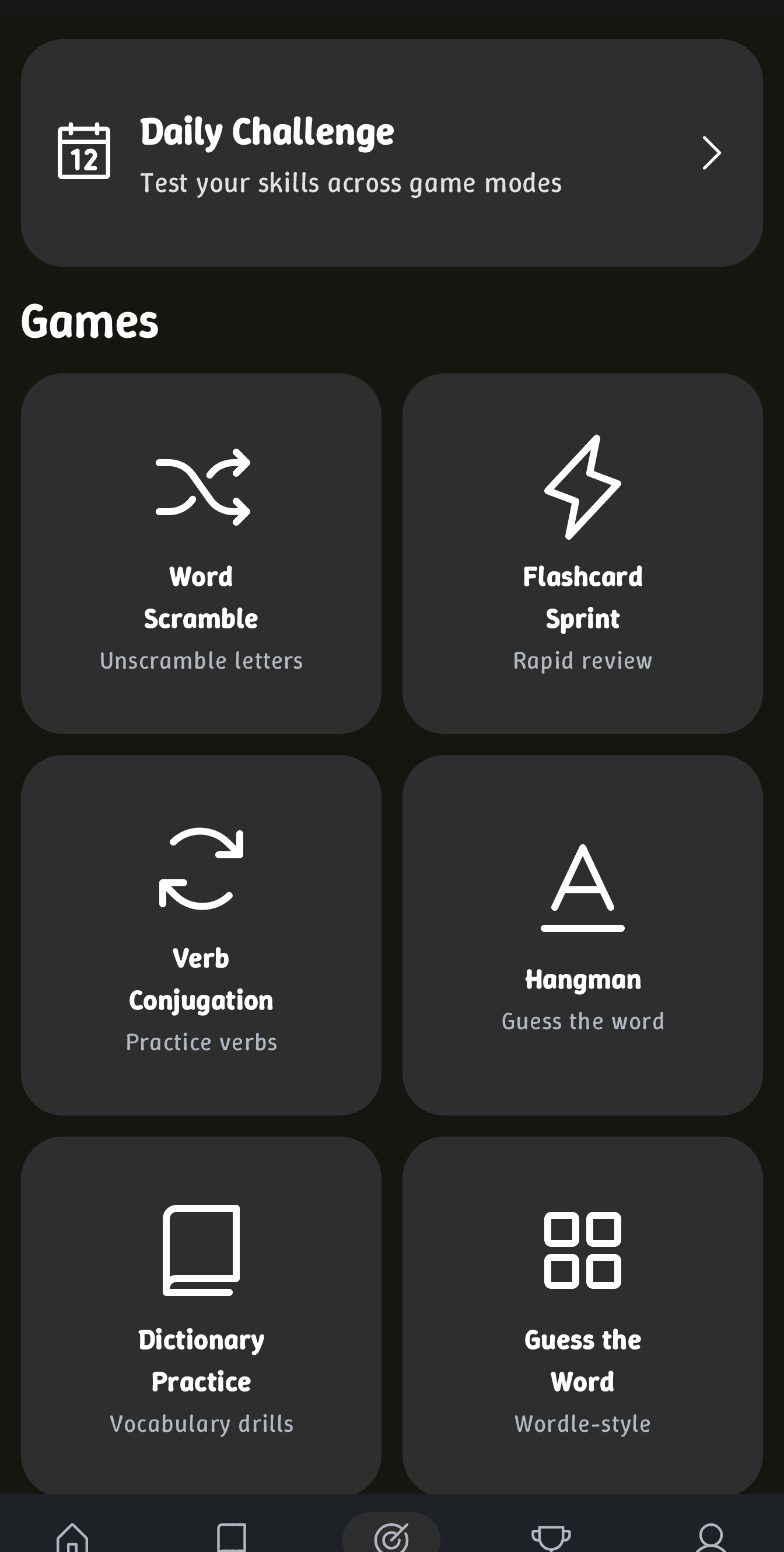 Games menu showing word scramble, flashcard sprint, verb conjugation and more