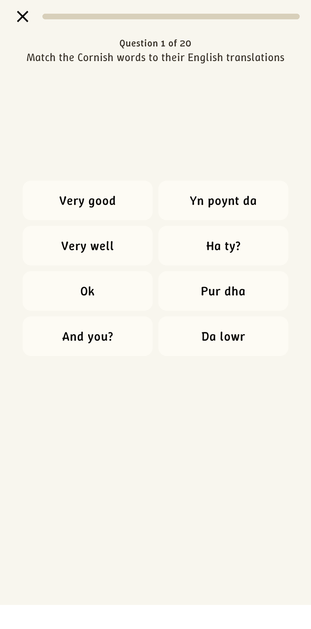 Lesson asking the learner to match Cornish words to their English translations
